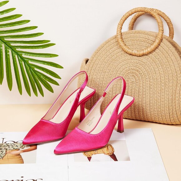 Women Pink Satin Pointed Closed Toe Slingback Mid Heels Stiletto Trendy Pumps - Picture 2 of 9